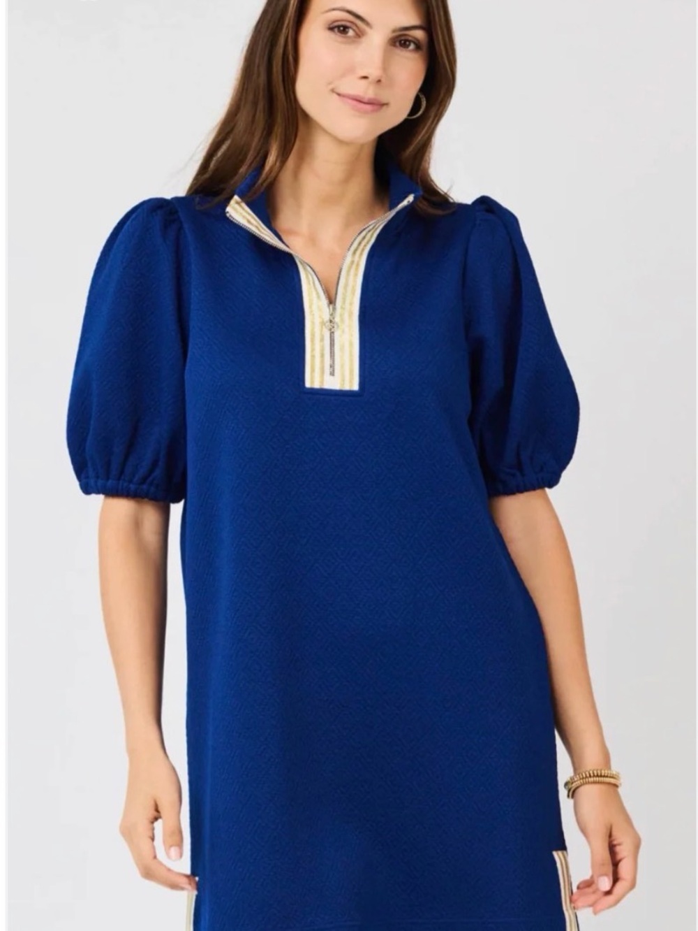 Puff-Sleeve Midi Dress in Royal Blue with Contrast Zip Placket